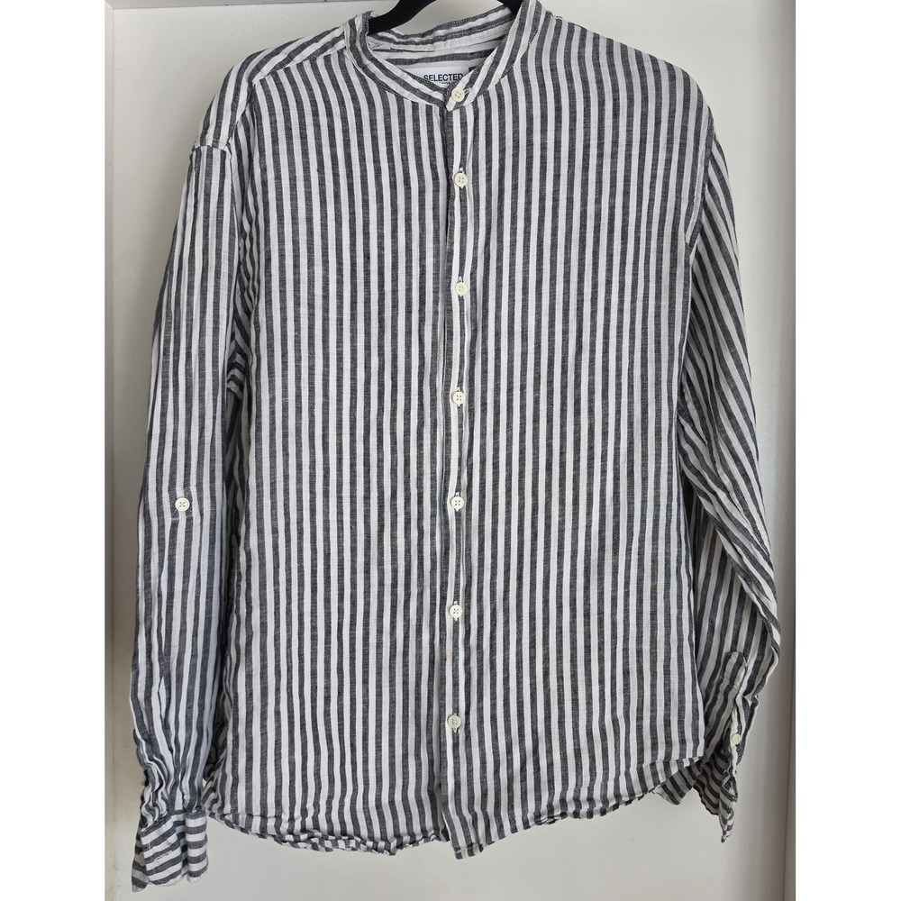Selected Mens Dress Shirt L Striped Gray Linen Long Sleeve Breathable Mao Neck